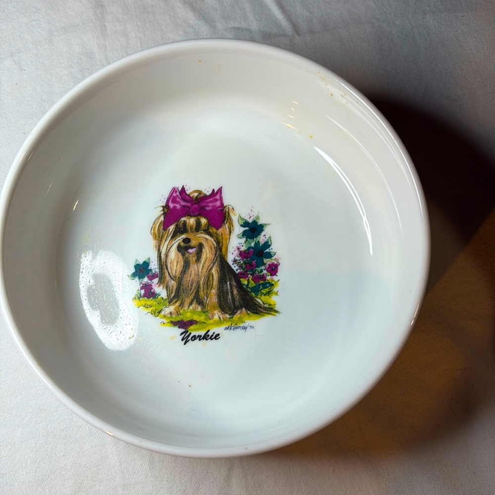 Porcelain Dog Dish With Footprints Around and Darling little Yorkie inside